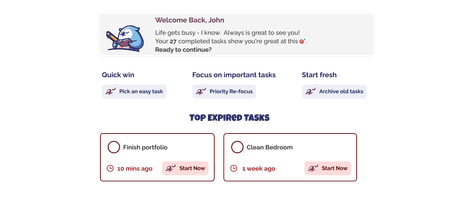 illustration of the features of LazyLeap App showcasing how the User interface changes when the user cames back after a while, suggesting new tasks, start over again and more.