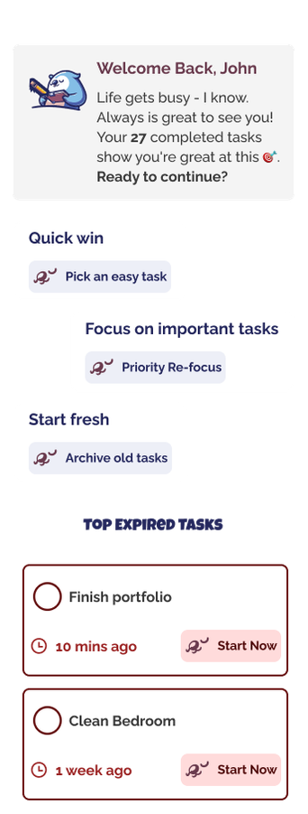 illustration of the features of LazyLeap App showcasing how the User interface changes when the user cames back after a while, suggesting new tasks, start over again and more.