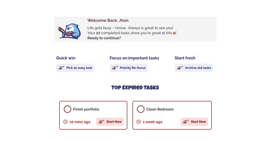 illustration of the features of LazyLeap App showcasing how the User interface changes when the user cames back after a while, suggesting new tasks, start over again and more.